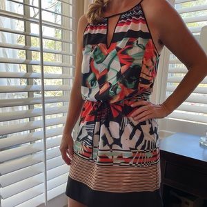 Tropical print sleeveless drawstring waist dress